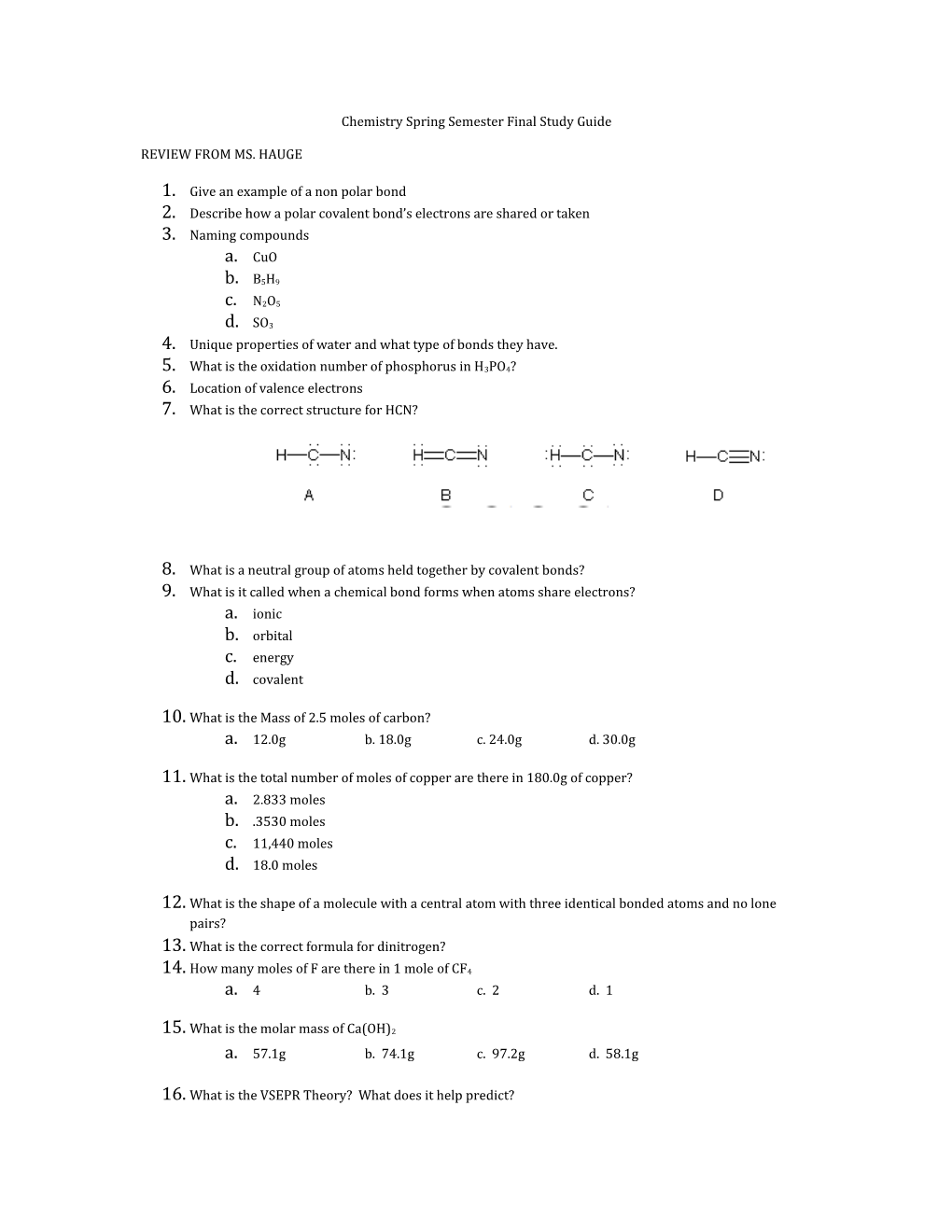 Chemistry Spring Semester Final Study Guide