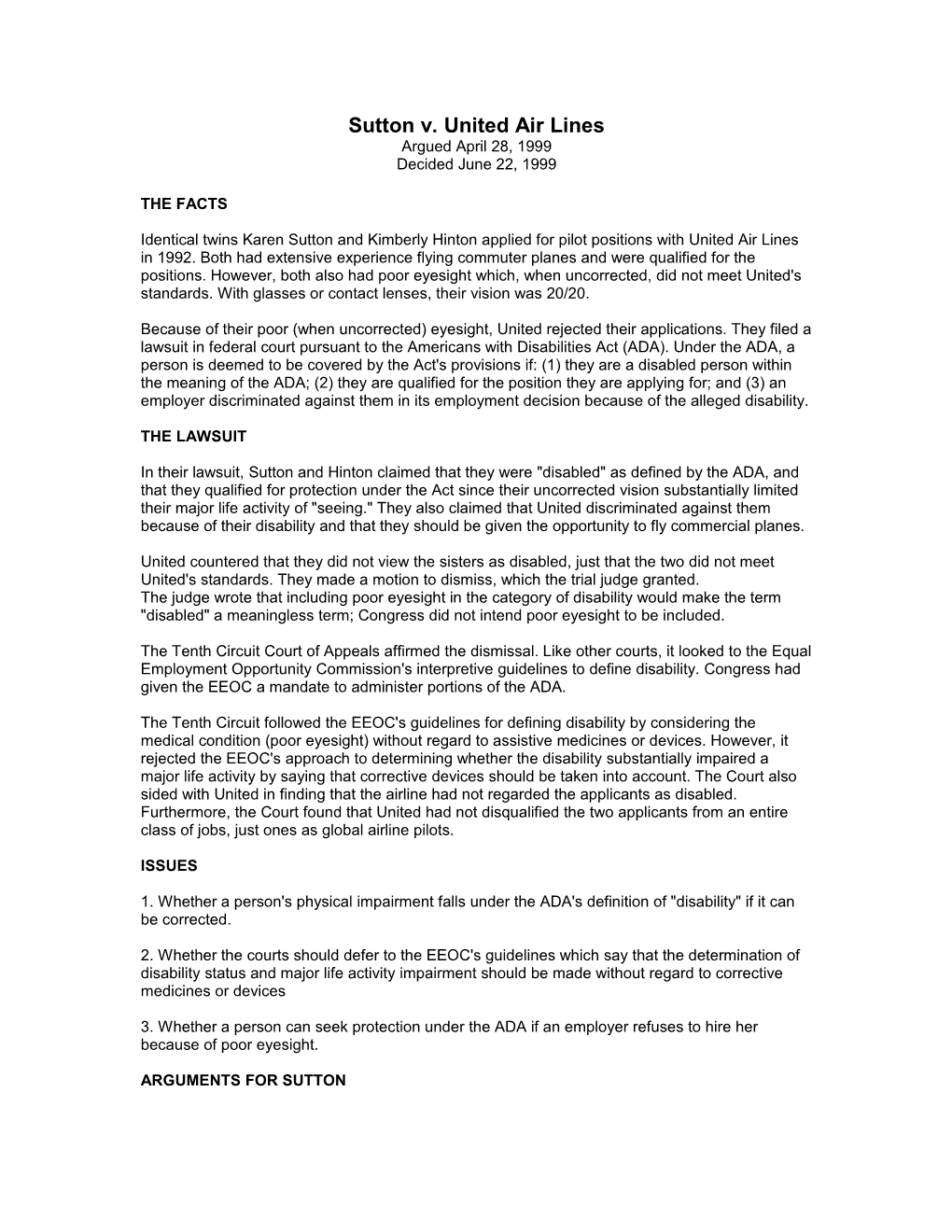 Sutton V. United Air Lines Argued April 28, 1999 Decided June 22, 1999