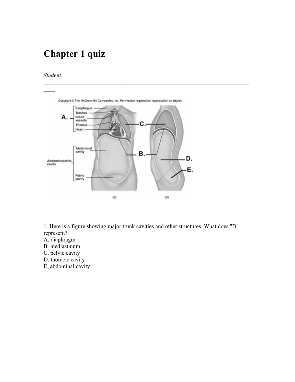 1.Here Is a Figure Showing Major Trunk Cavities and Other Structures. What Does D Represent?