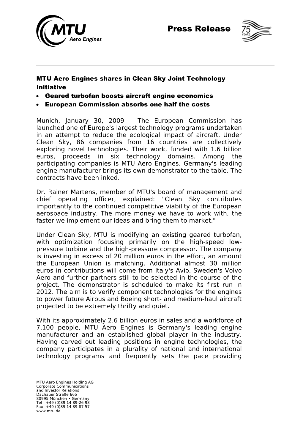 MTU Aero Engines Shares in Clean Sky Joint Technology Initiative