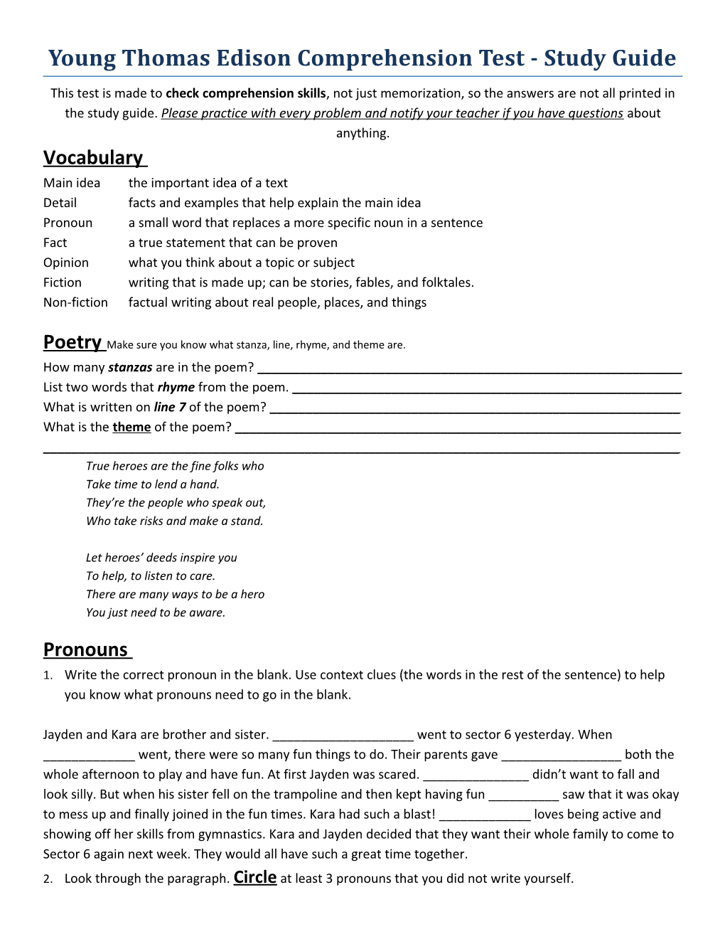 Young Thomas Edison Comprehension Test - Study Guide