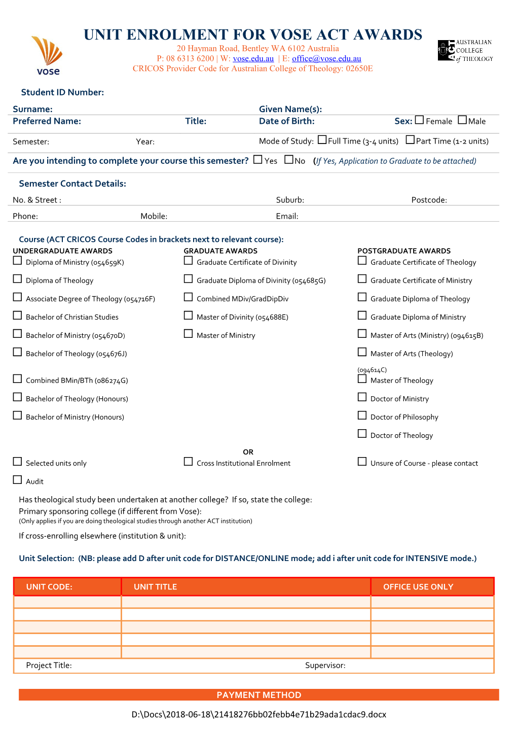 Application for Enrolment for Vose Awards