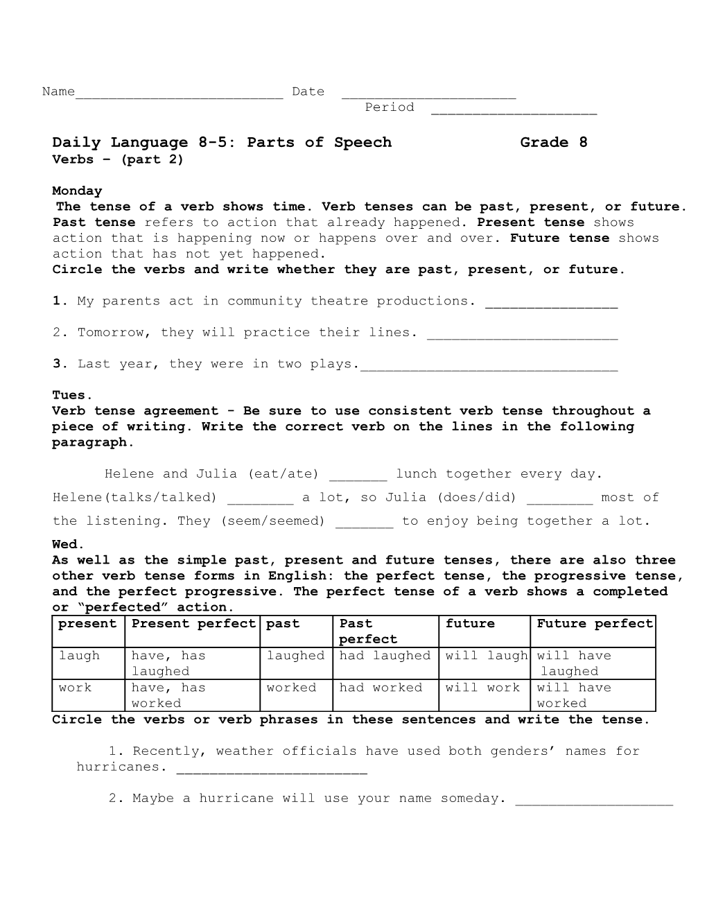 Daily Language 8-5: Parts of Speech Grade 8