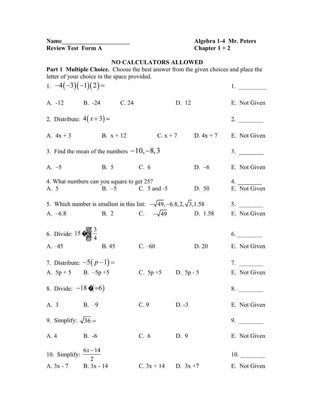 Review Test Form a Chapter 1 + 2