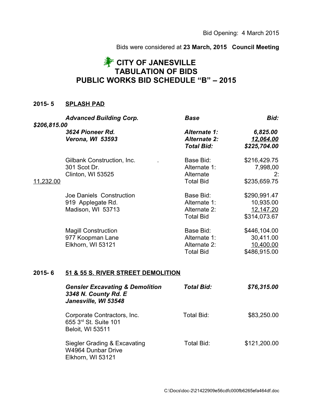 Bids Were Considered at 23March, 2015 Council Meeting