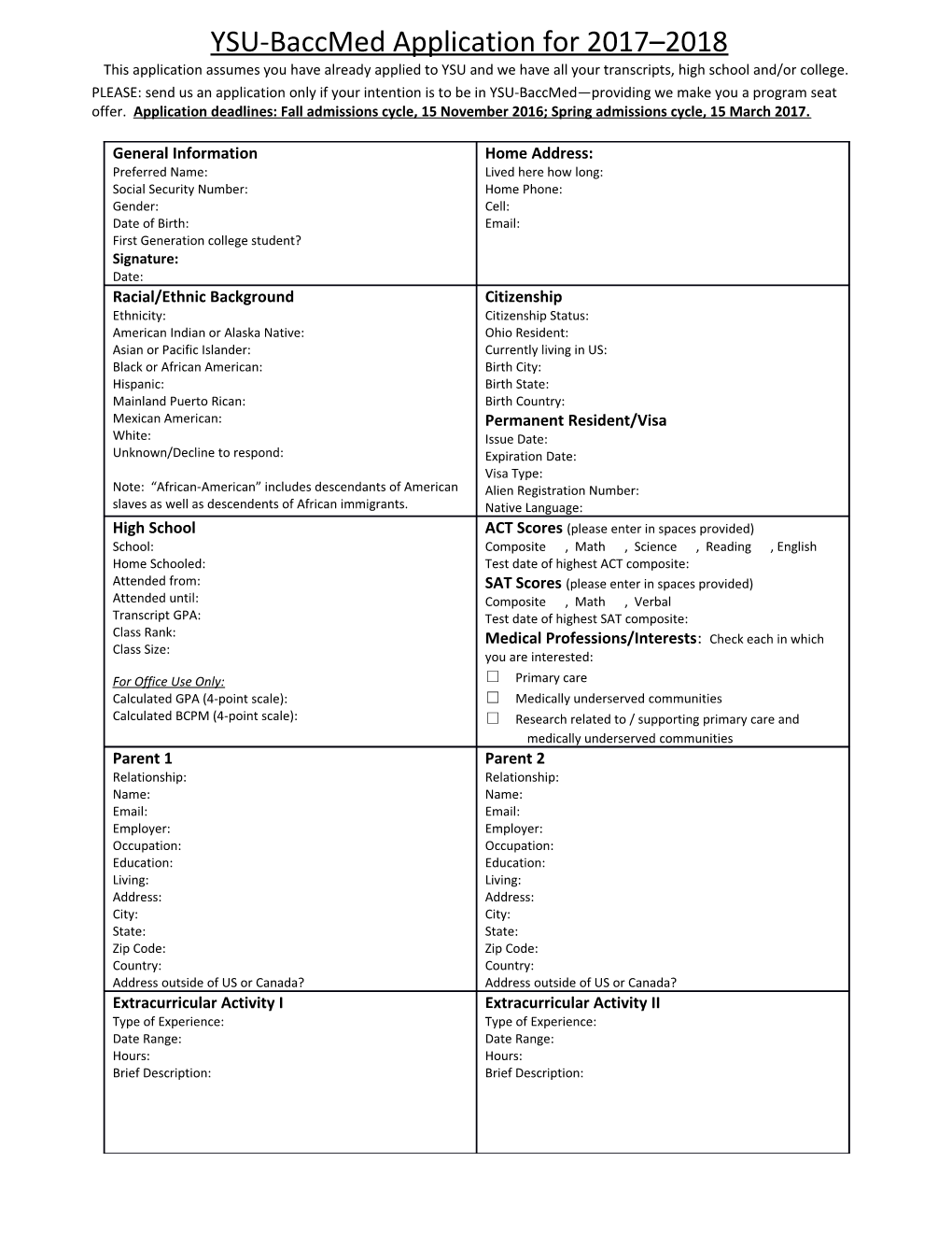 YSU-Baccmed Application for 2017 2018