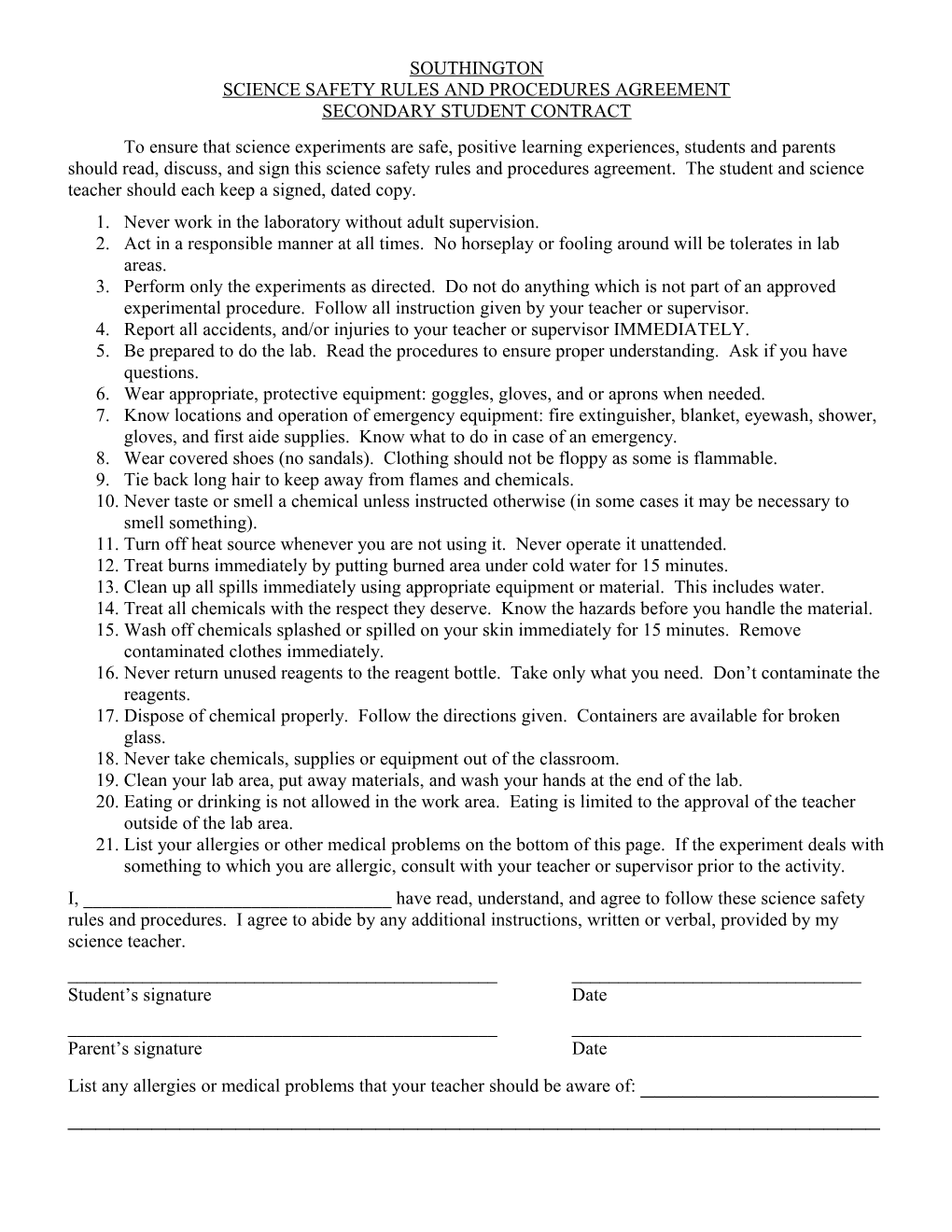 Science Safety Rules and Procedures Agreement