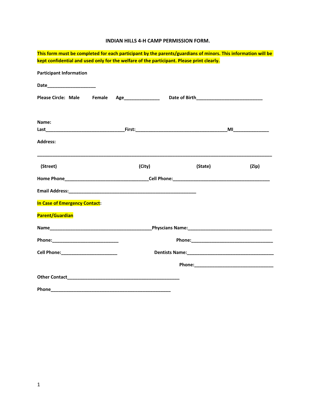 Indian Hills 4-H Camp Permission Form