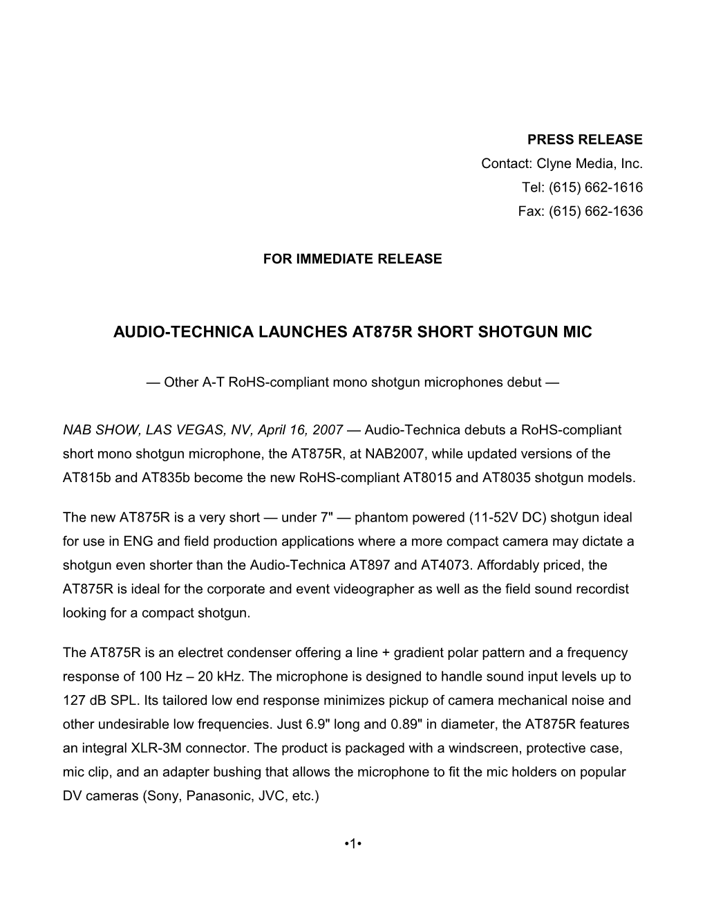 Audio-Technica Launches At875r Short Shotgun Mic