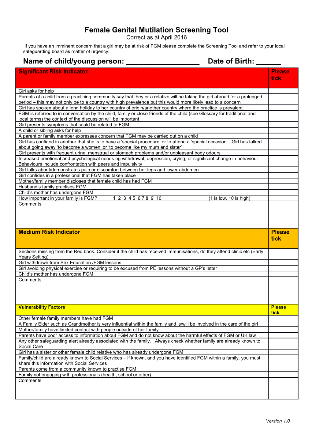 Female Genital Mutilation Screening Tool Correct As at April 2016