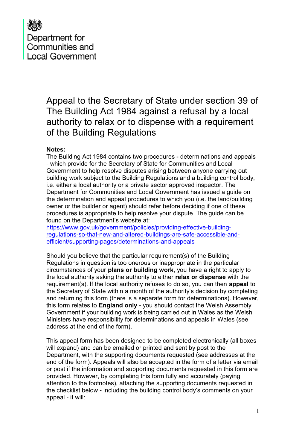 Application to the Secretary of State for a Determination