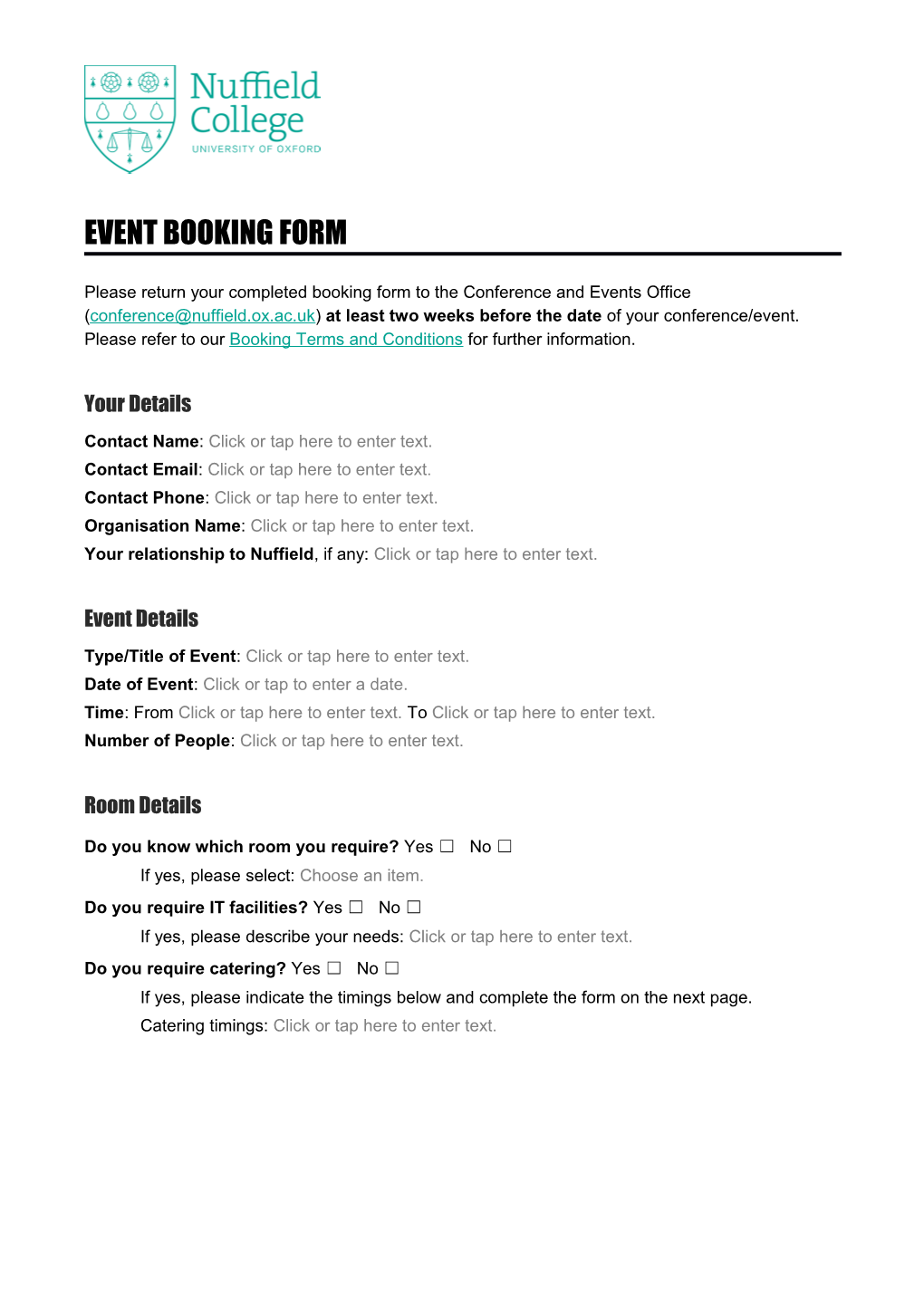 Event Booking Form (Continued)
