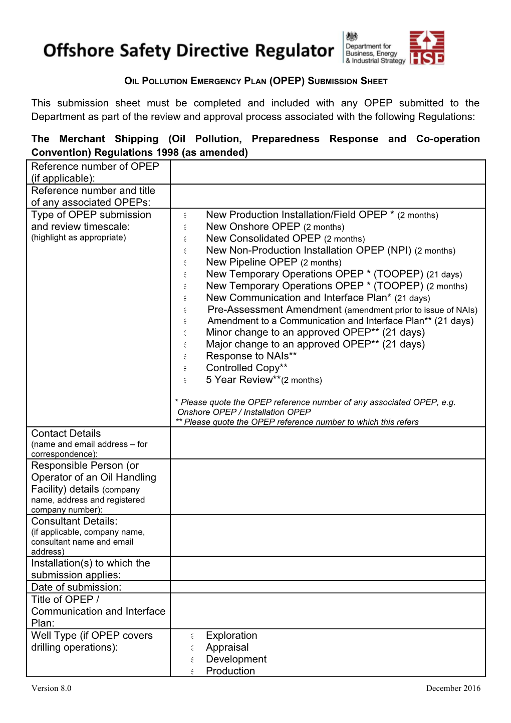 Oil Pollution Emergency Plan(OPEP) Submission Sheet