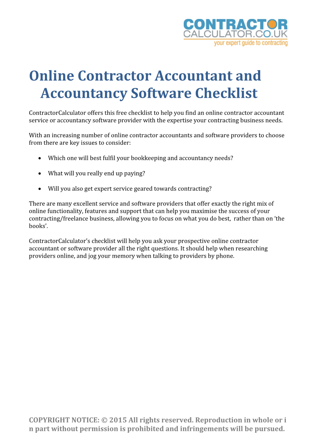 Online Contractor Accountant and Accountancy Software Checklist