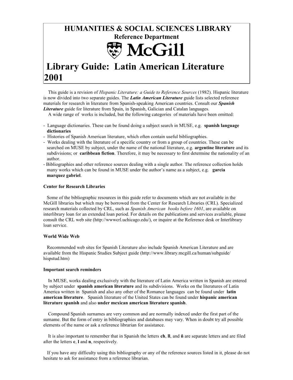 Library Guide: Latin American Literature 2001