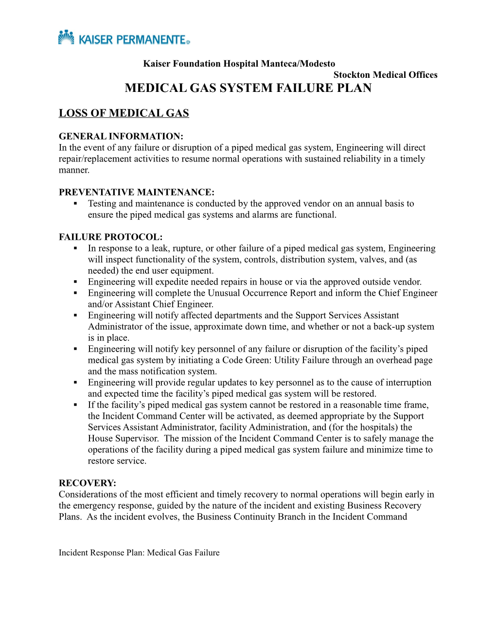 Medical Gas System Failure Plan