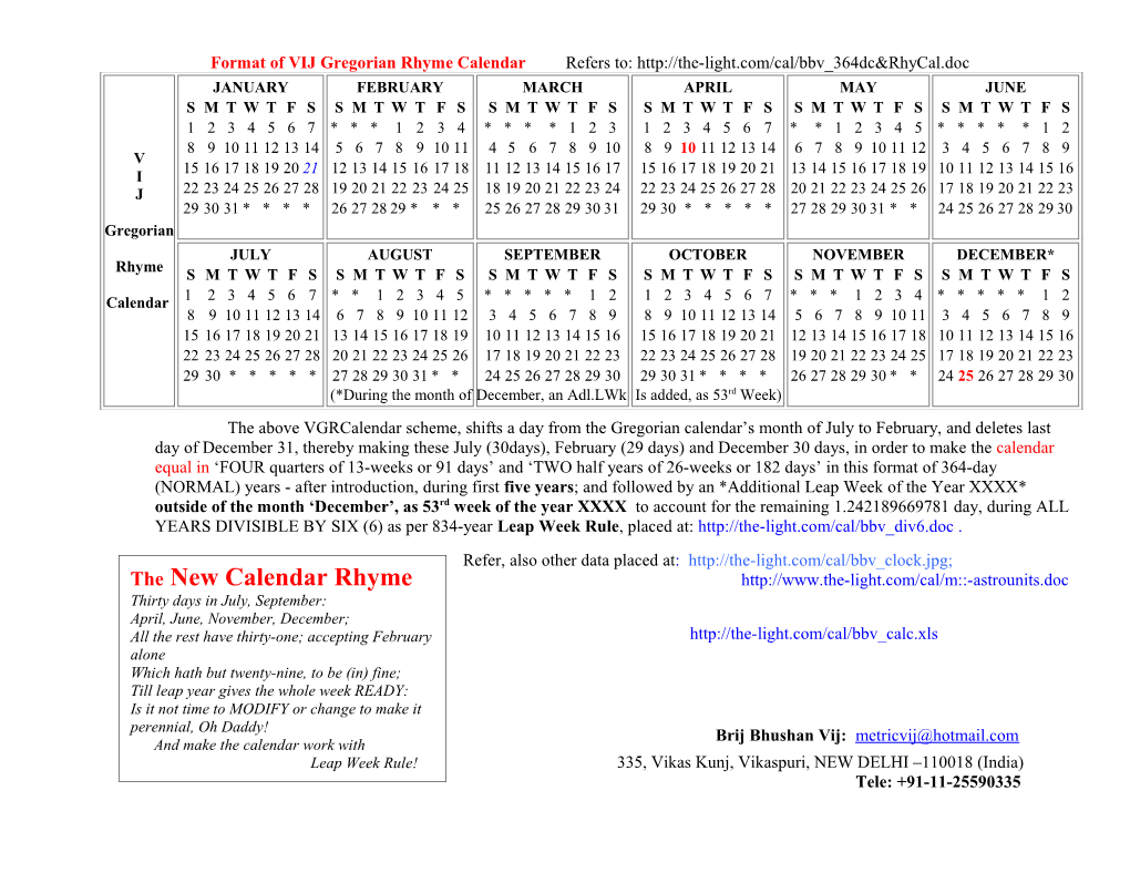 Format of VIJ Gregorian Rhyme Calendar Refers To