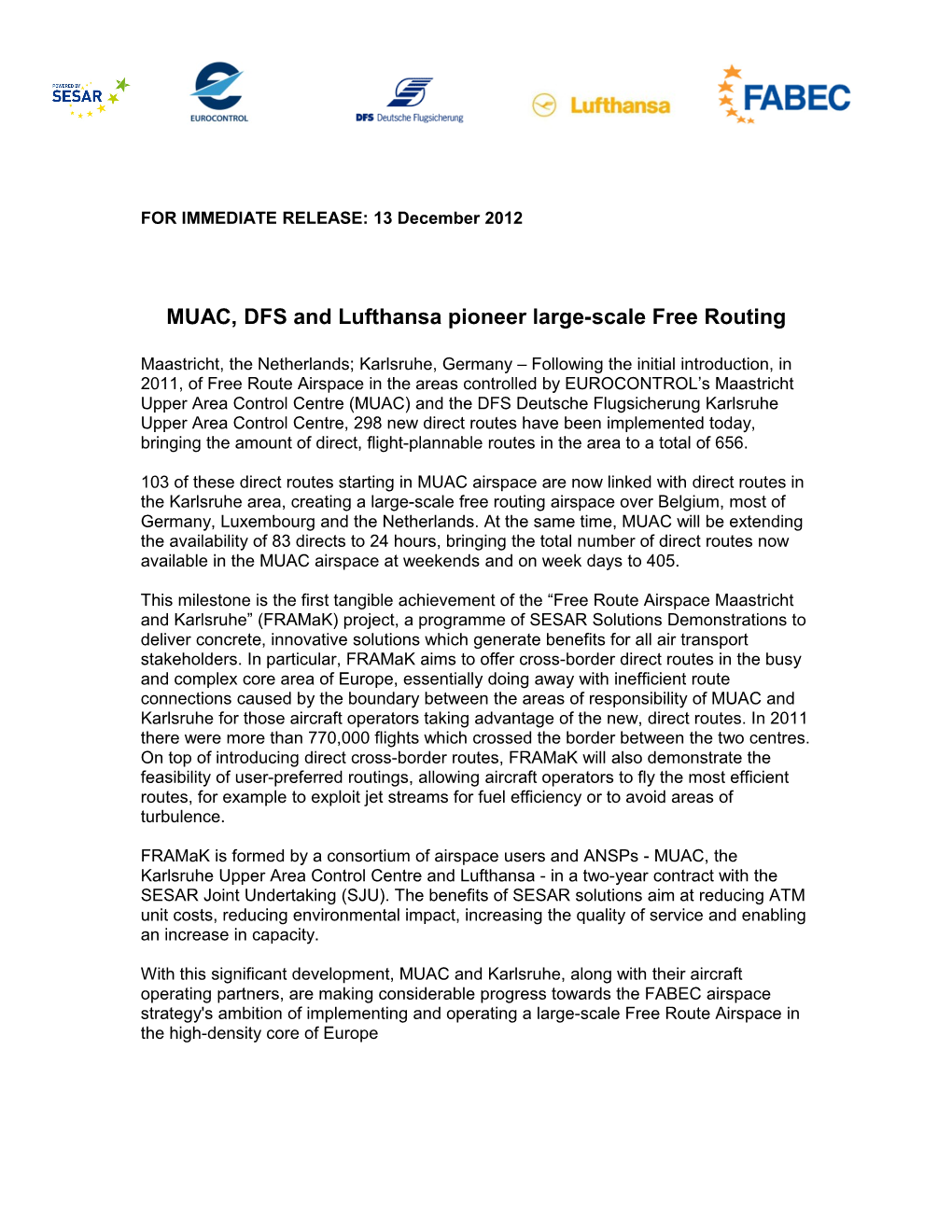 MUAC, DFS and Lufthansa Pioneer Large-Scale Free Routing