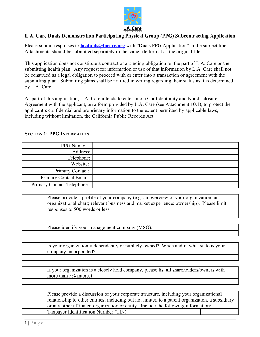 L.A. Care Duals Demonstration Participating Physical Group (PPG) Subcontracting Application