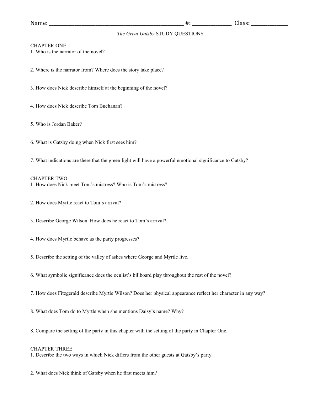 The Great Gatsby STUDY QUESTIONS