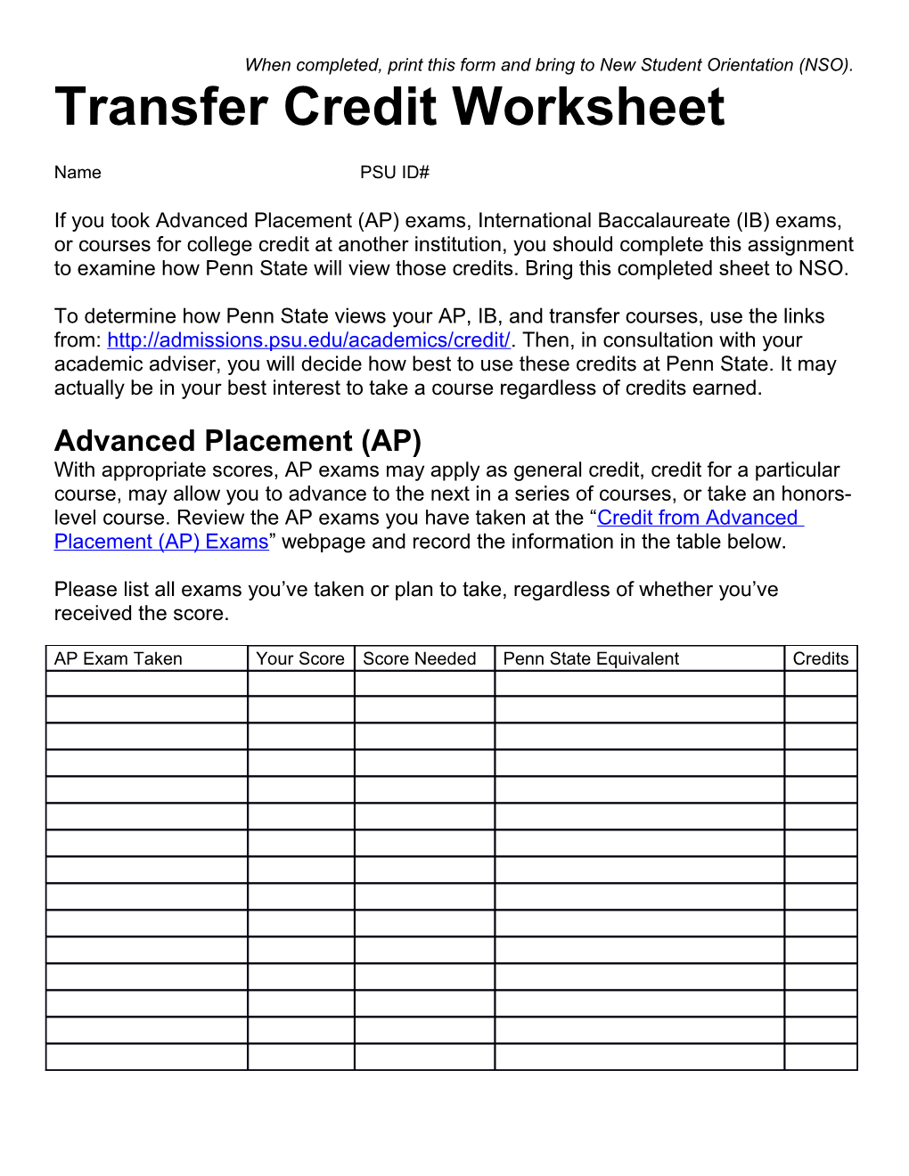 When Completed, Print This Form and Bring to Your FTCAP Advising Day