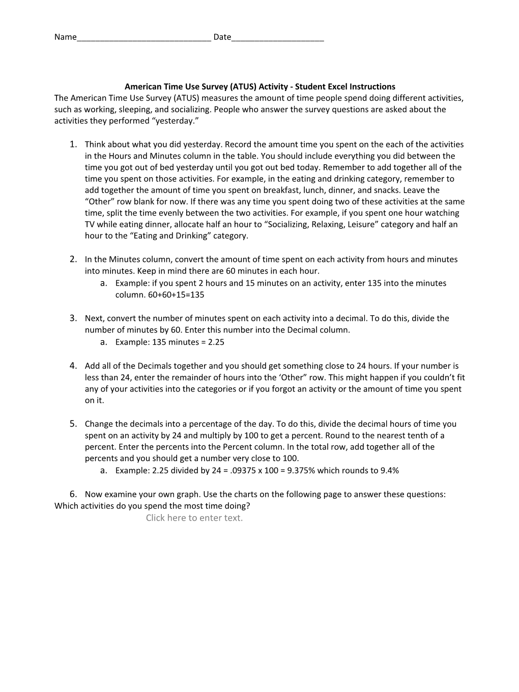 American Time Use Survey (ATUS) Activity - Student Excel Instructions