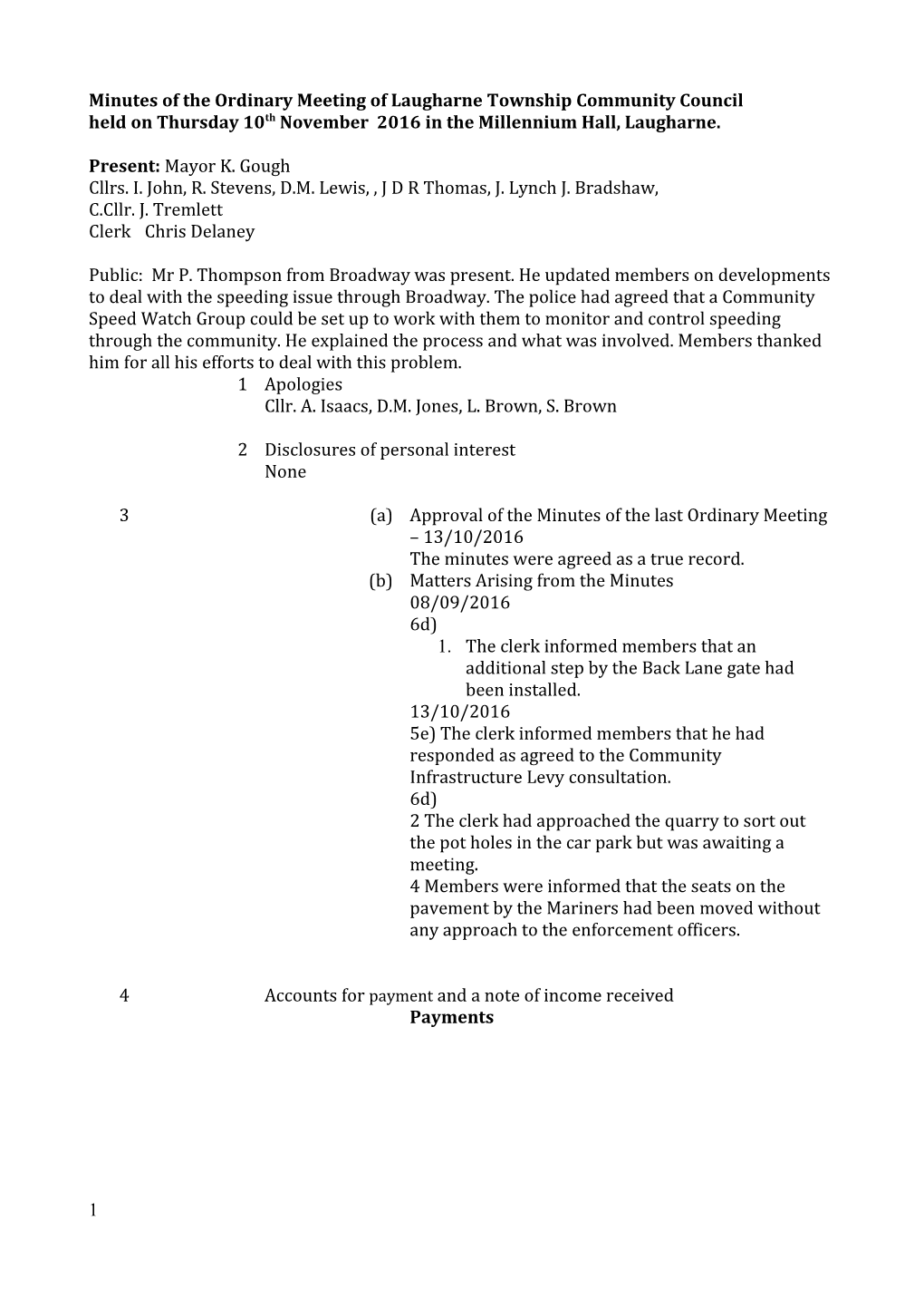 Minutes of the Ordinary Meeting of Laugharne Township Community Council s1