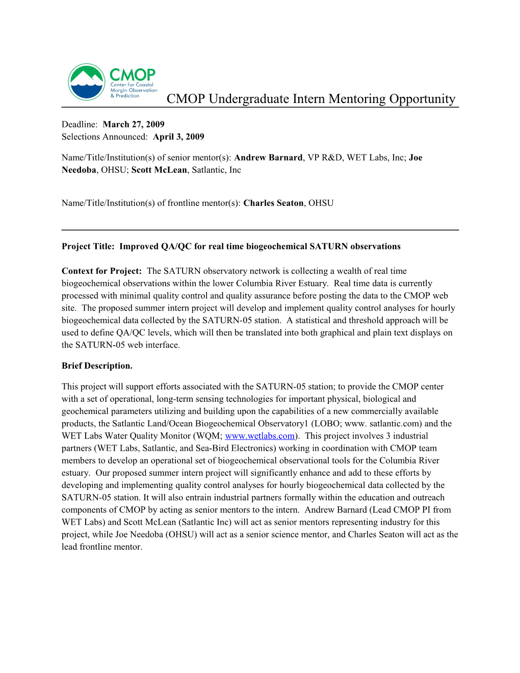 CMOP Undergraduate Intern Mentoring Opportunity