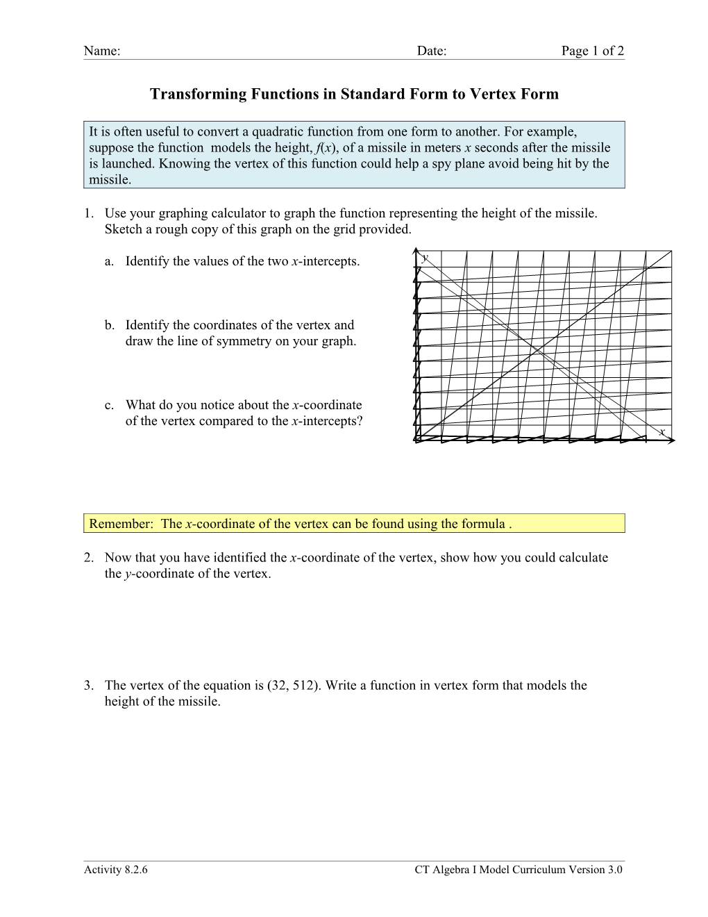 Transforming Functions in Standard Form to Vertex Form