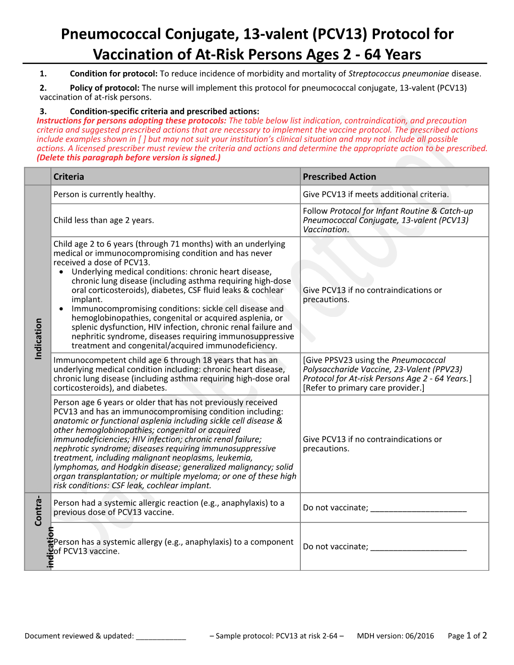 Pneumococcal Conjugate, 13-Valent (PCV13) Protocol for Vaccination of At-Risk Persons Ages