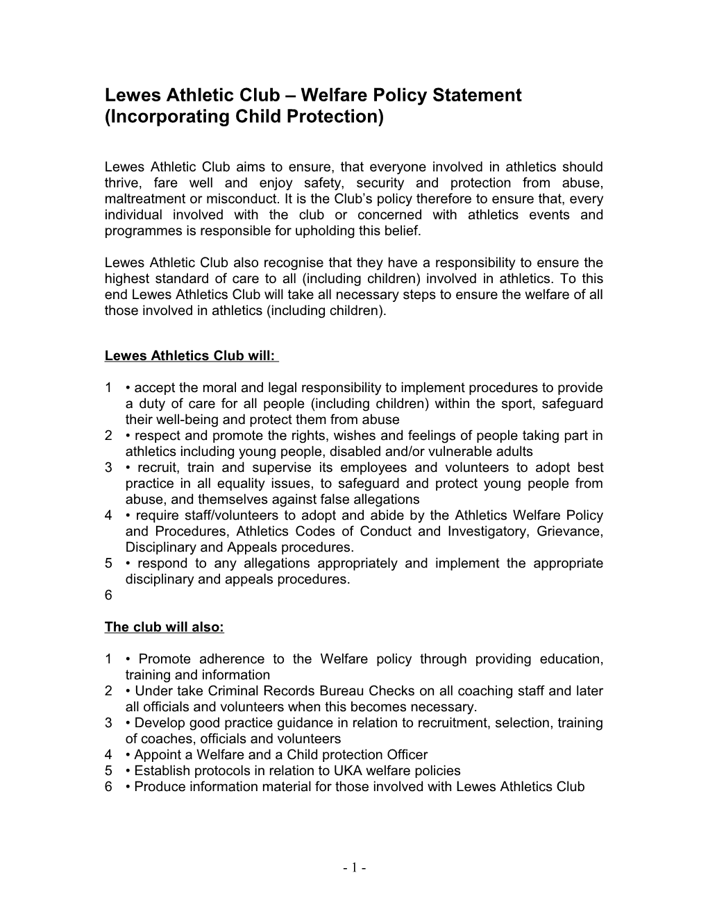 Lewes Athletic Club Athletics Welfare Policy Statement (Incorporating Child Protection)