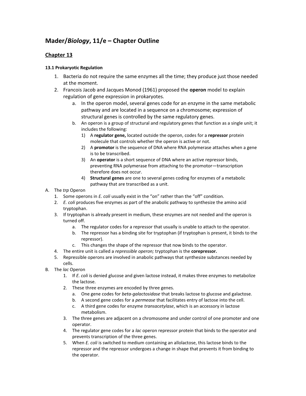 Mader/Biology, 13/E Chapter Outline