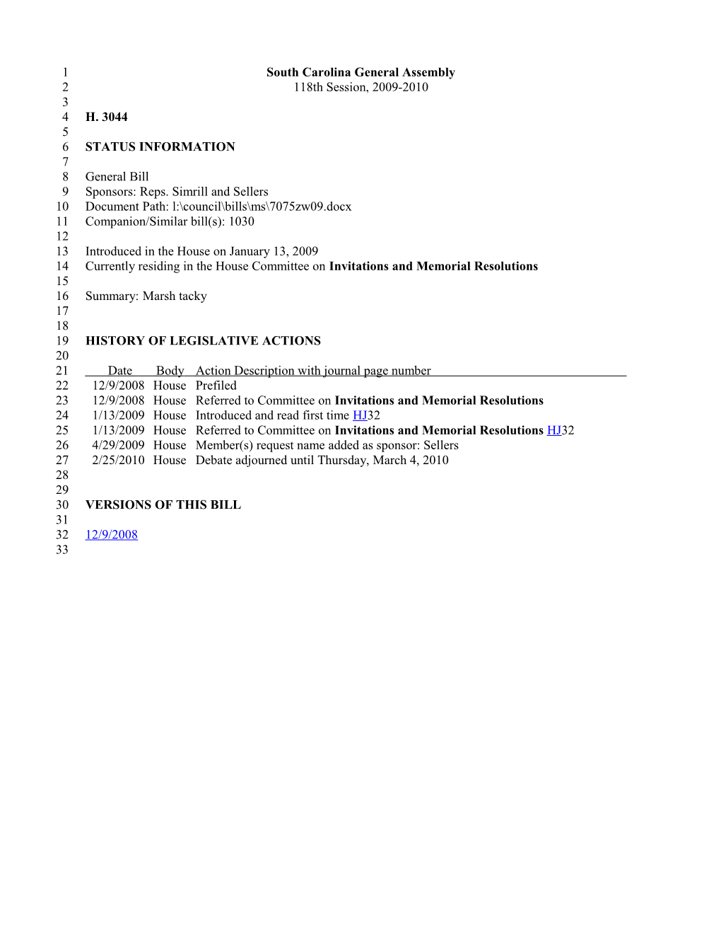 2009-2010 Bill 3044: Marsh Tacky - South Carolina Legislature Online