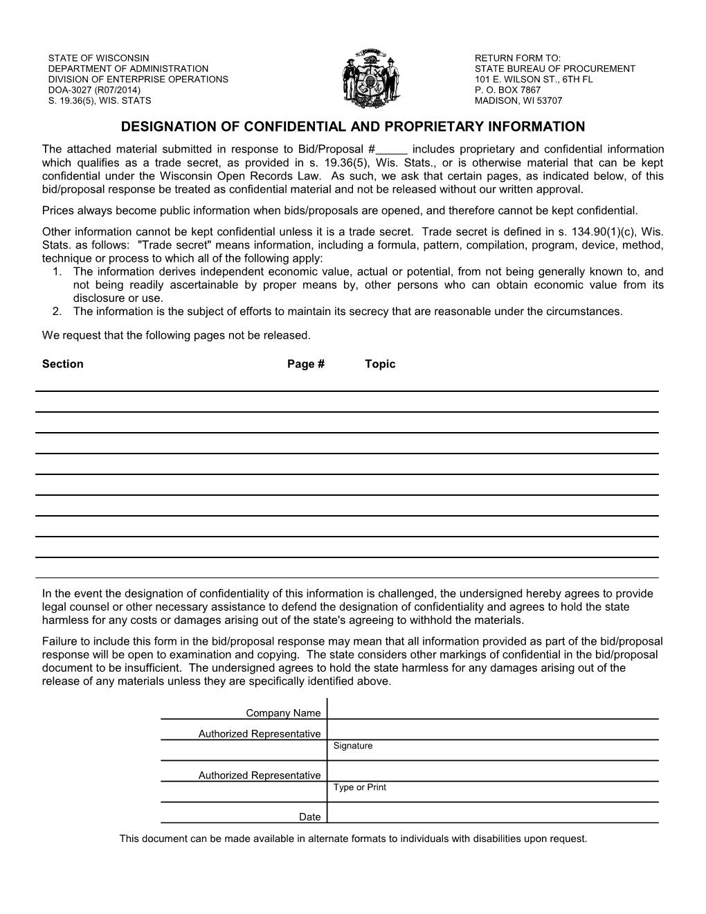 Designation of Confidential and Proprietary Information