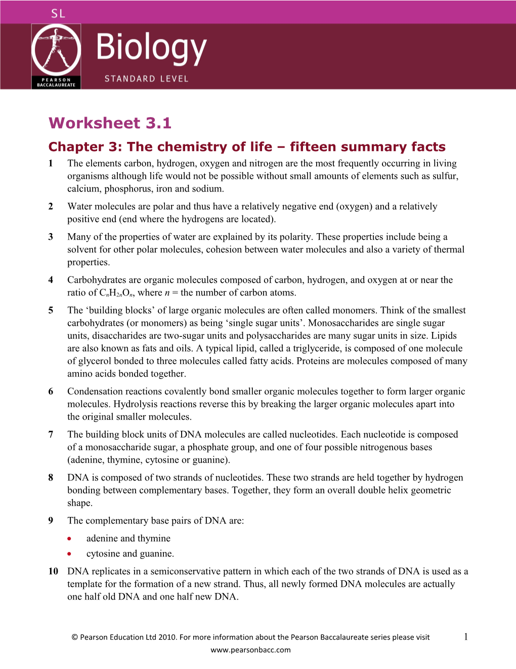 Chapter 3: the Chemistry of Life Fifteen Summary Facts