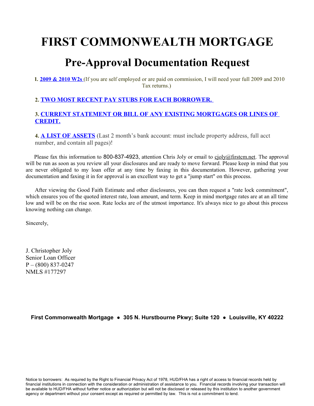 Pre-Approval Documentation Request