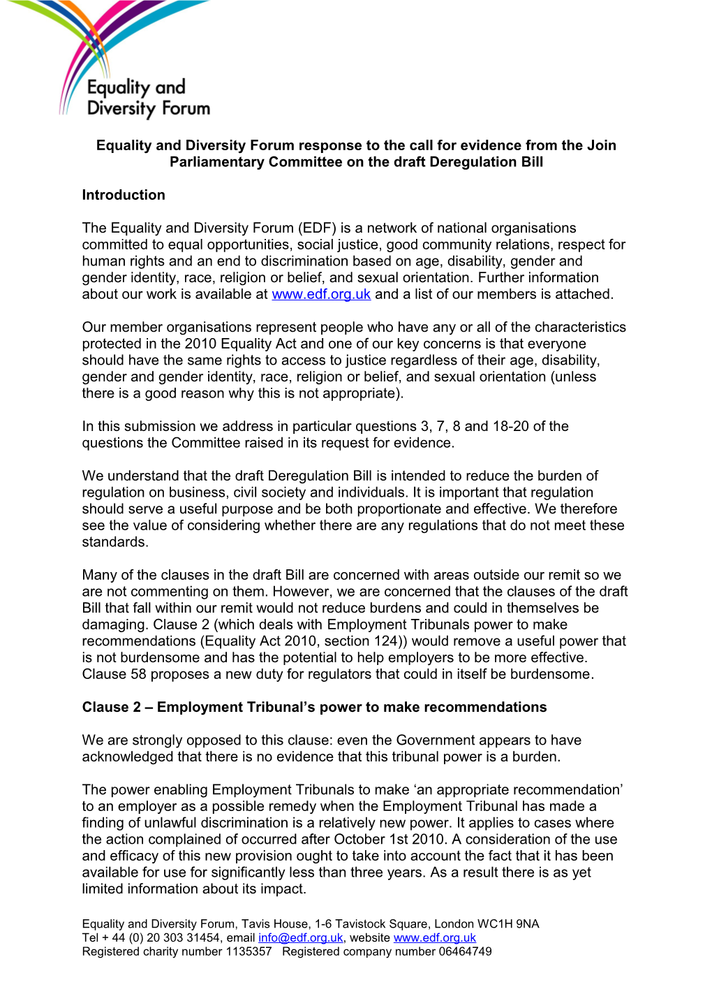 Equality and Diversity Forum Response to the Call for Evidence from Thejoin Parliamentary