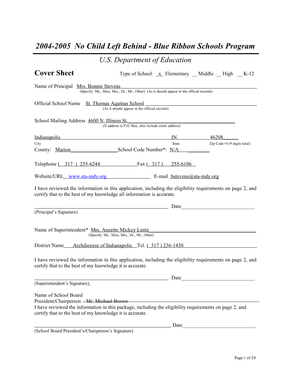 St. Thomas Aquinas School Application: 2004-2005, No Child Left Behind - Blue Ribbon Schools