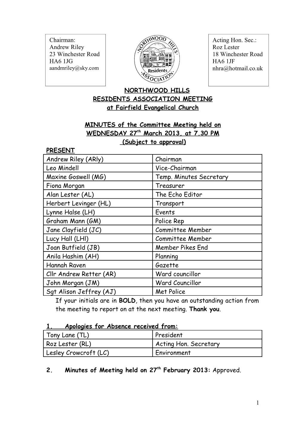 Northwood Hills Residents Association Meeting