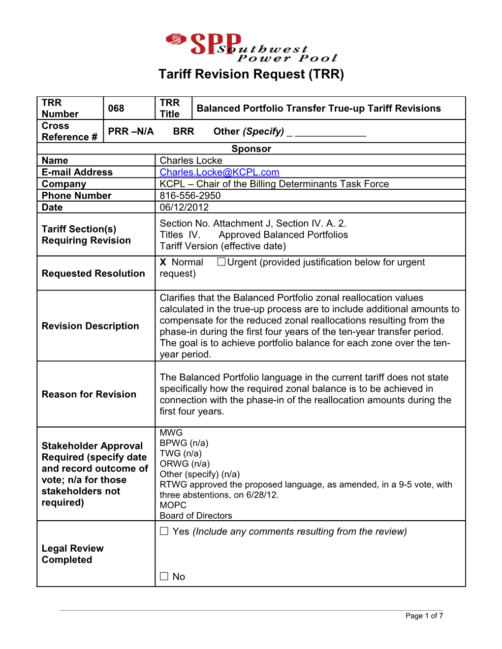 Tariff Revision Request (TRR)