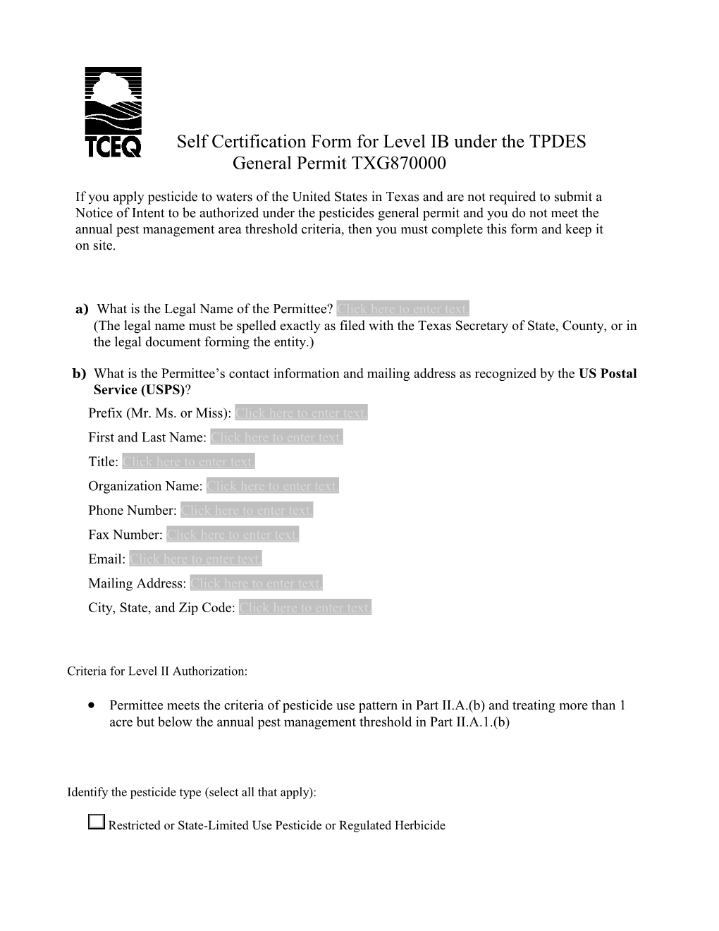 Self Certification Form for Level IB Under the TPDES General Permit TXG870000