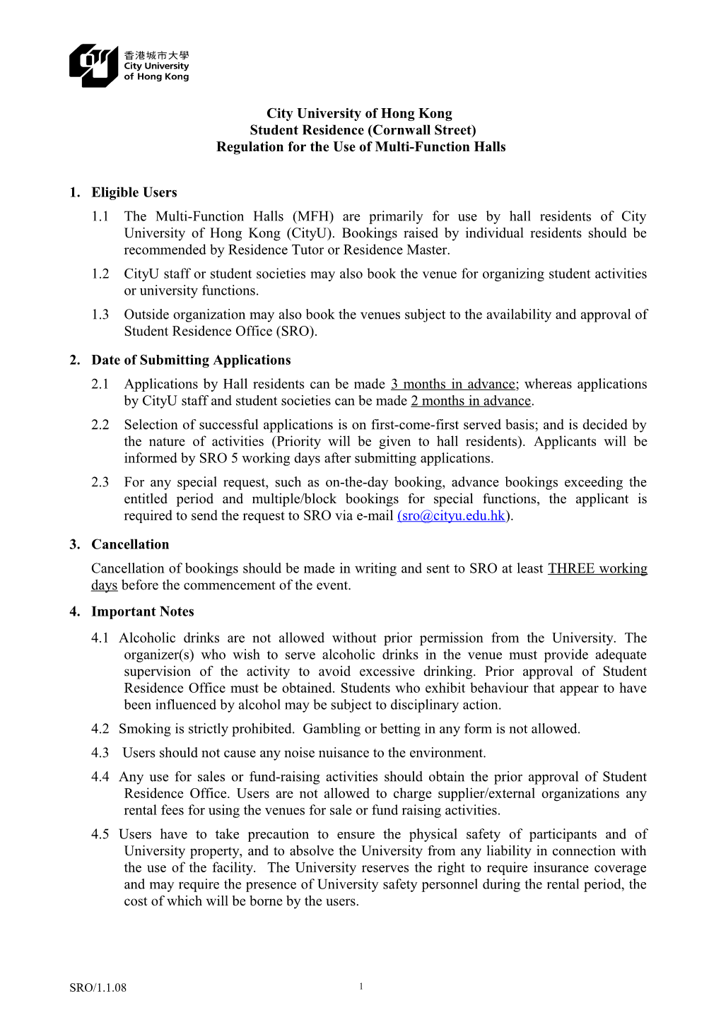 Regulations for the Use of Multi-Function Hall at Student Residence