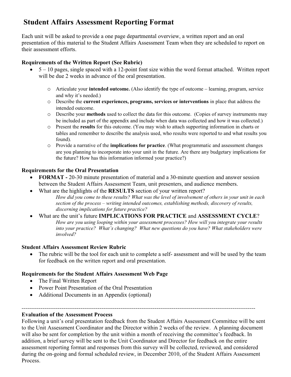 Student Affairs Assessment Reporting Format