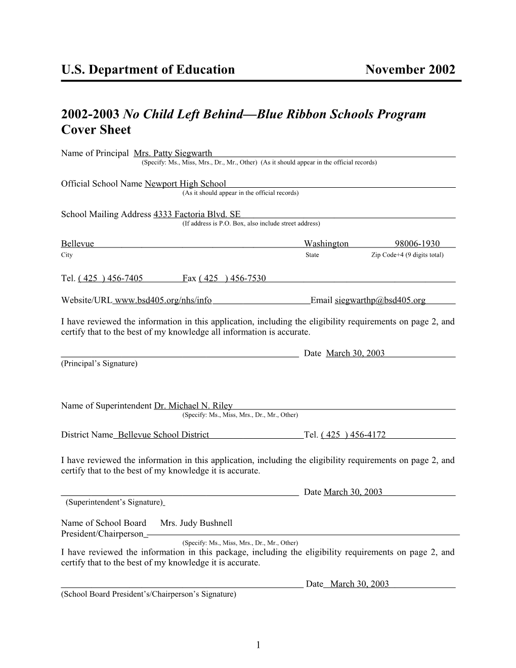 Newport High School 2003 No Child Left Behind-Blue Ribbon School (Msword)