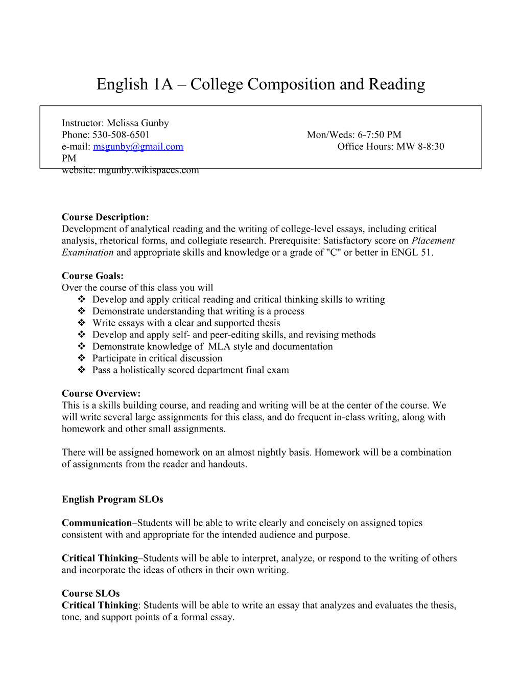 English 1A College Composition and Reading