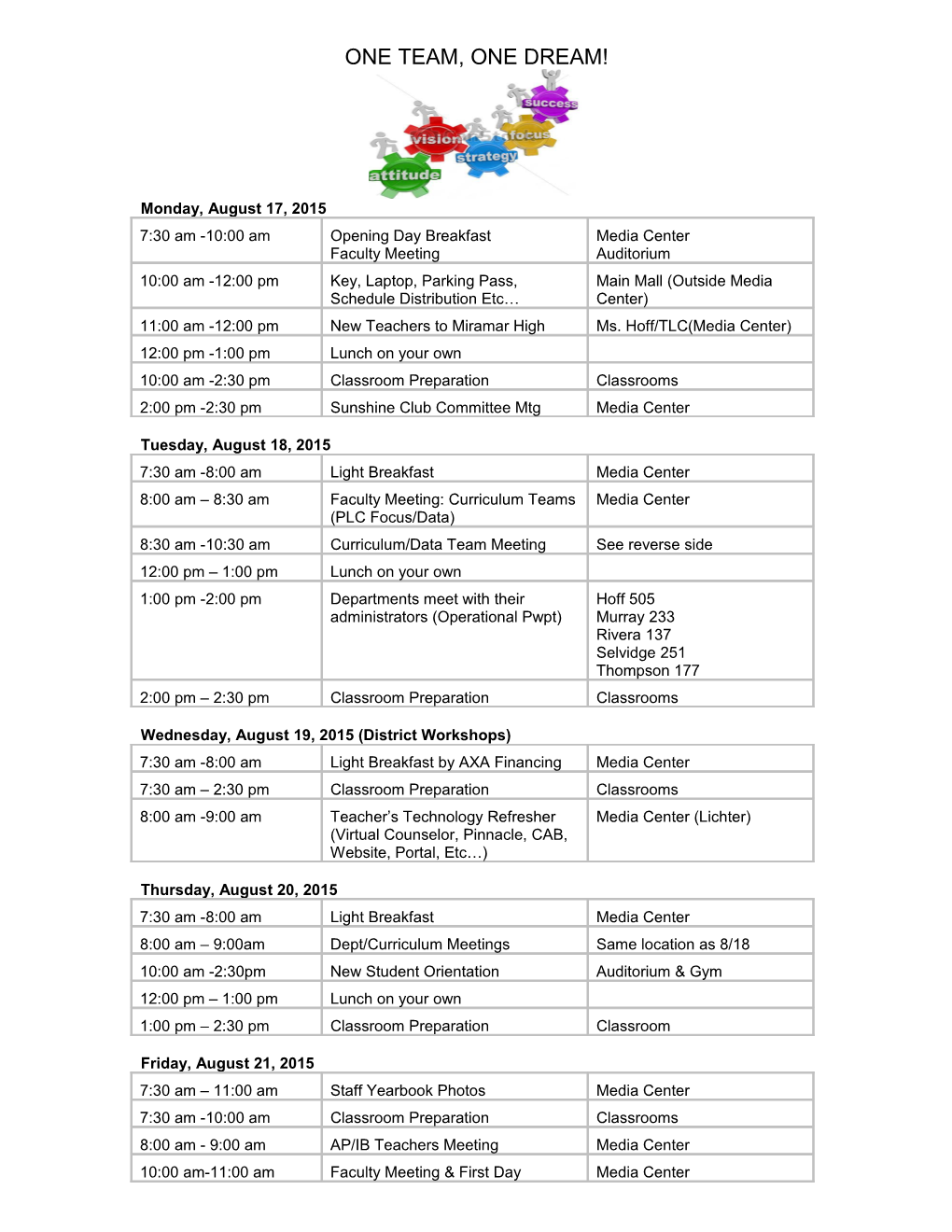 Wednesday, August 19, 2015 (District Workshops)