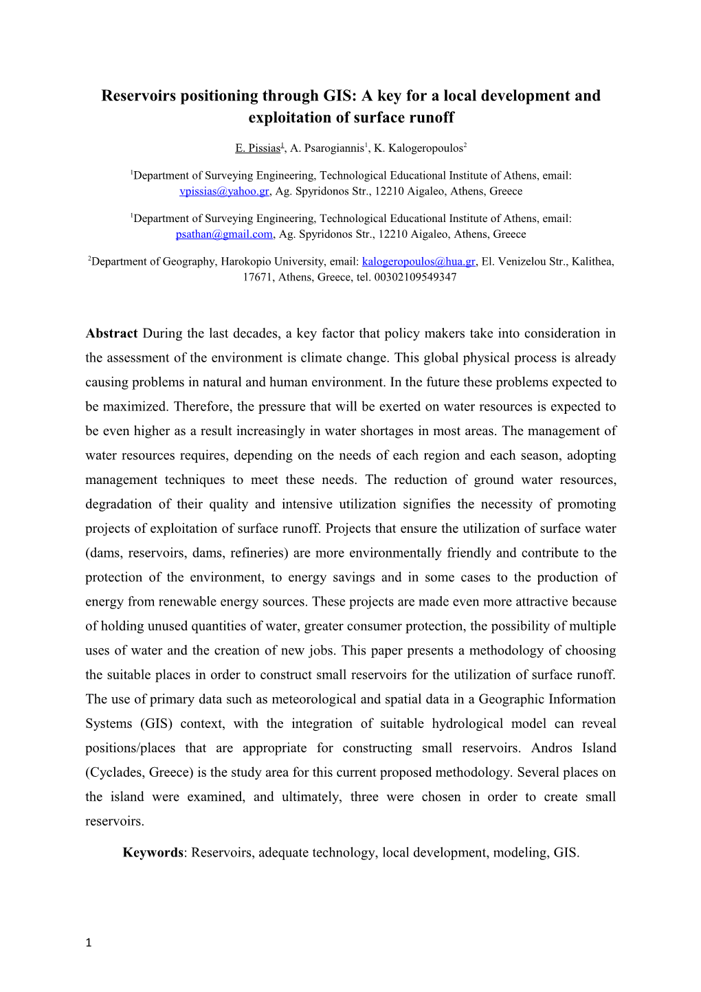 Reservoirs Positioning Through GIS: a Key for a Local Development and Exploitation Of