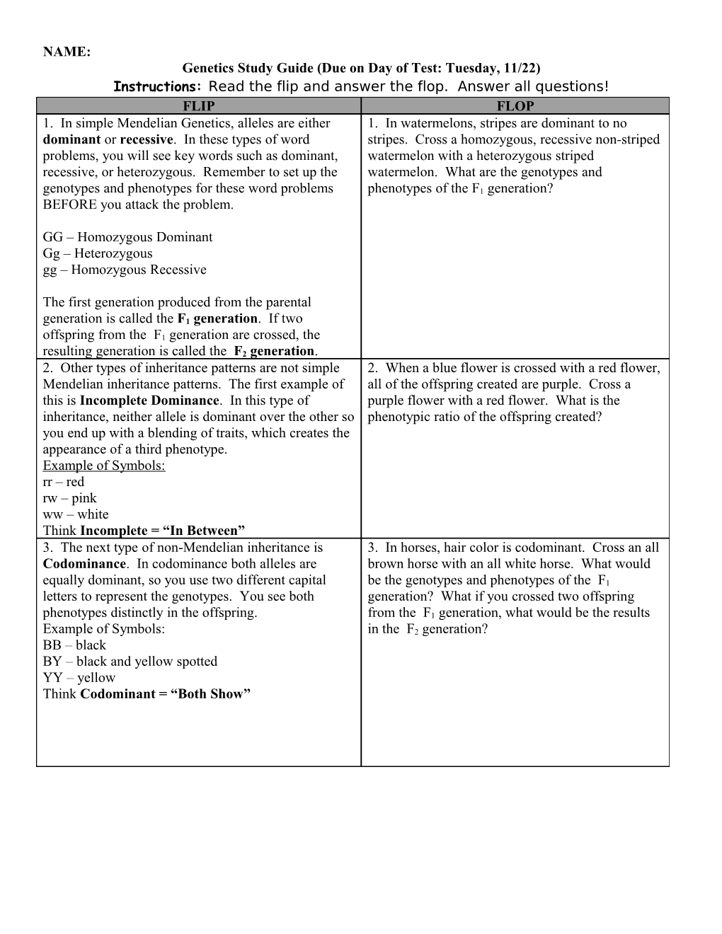 Genetics Study Guide (Due on Day of Test: Tuesday, 11/22)