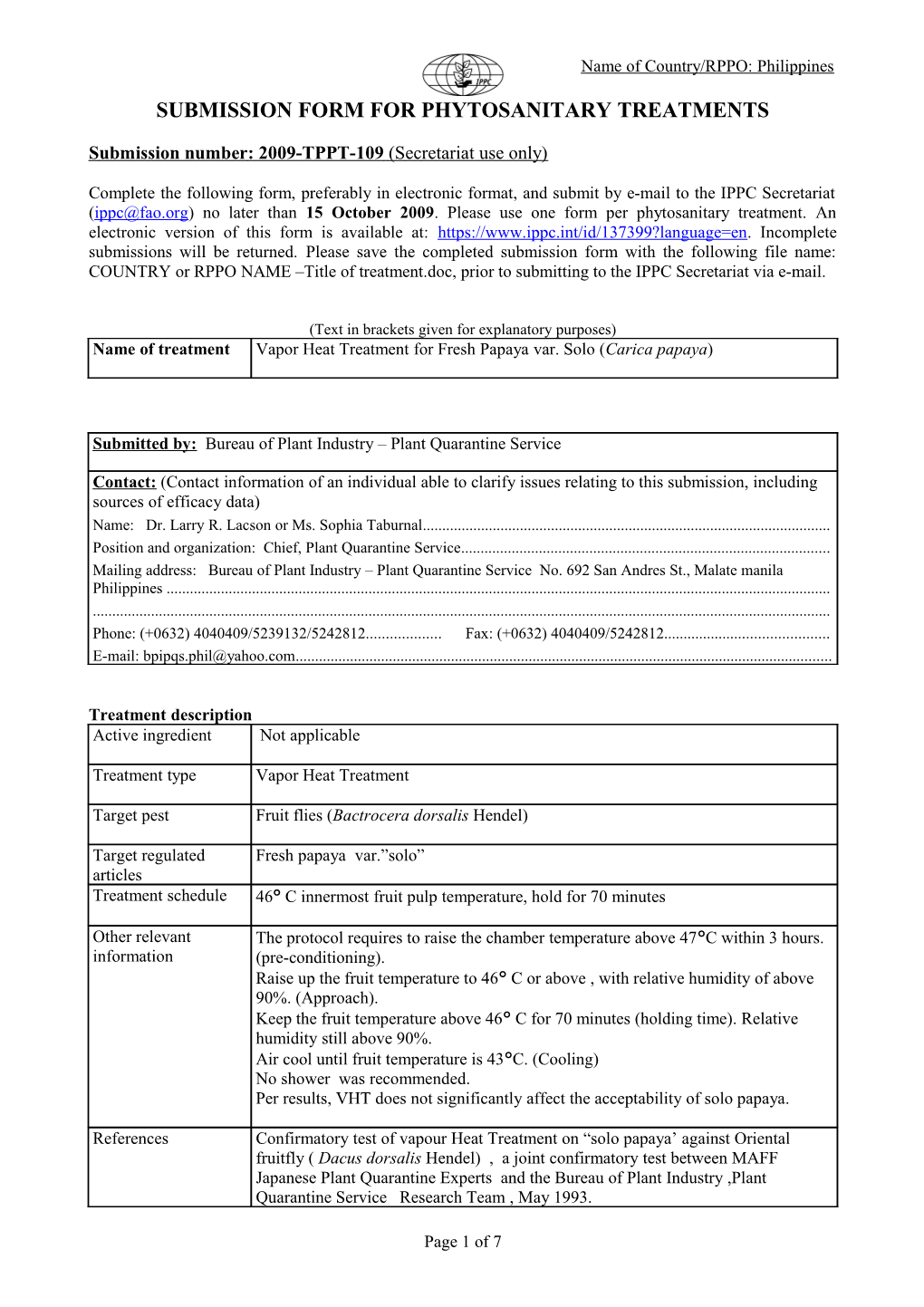 Submission Form for Phytosanitary Treatments