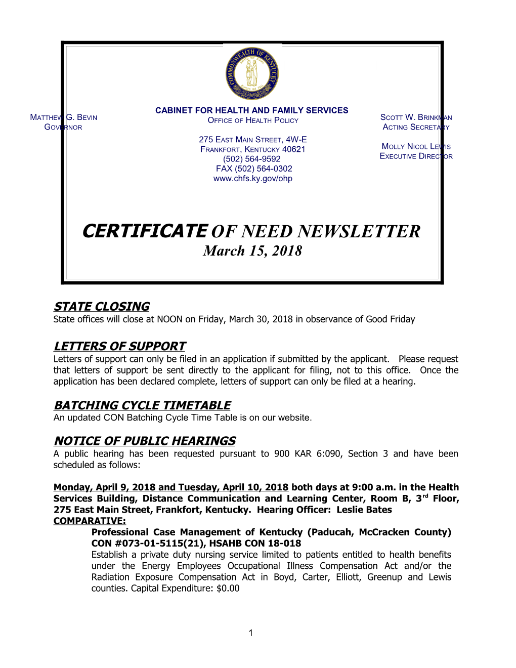 Certificate of Need Newsletter, March 2018